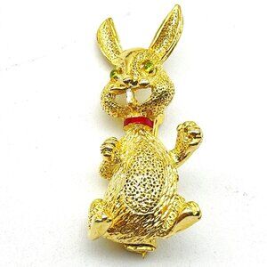 Easter Bunny Pin Gold Tone Green Rhinestone Eyes Baguette Teeth Rabbit Holiday